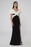 Alfa Beta Off-Shoulder Front Slit Crepe Long Evening Dress