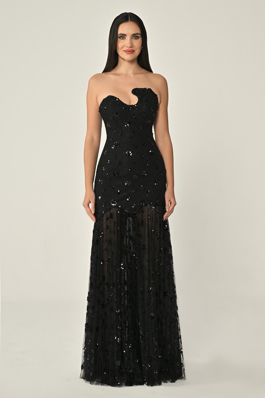 Strapless Asymmetrical Bust Sequined Tulle Evening Dress Alfa Beta