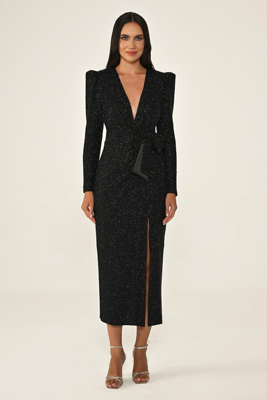 Long-Sleeved Deep V-Neck Padded Slit Sequin Midi Dress Alfa Beta