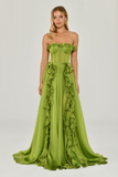 Strapless Ruffled Double Slit Chiffon Long Evening Dress Alfabeta