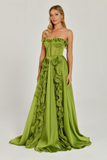 Strapless Ruffled Double Slit Chiffon Long Evening Dress Alfabeta