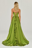 Strapless Ruffled Double Slit Chiffon Long Evening Dress Alfabeta