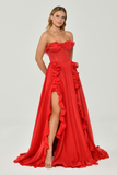 Strapless Ruffled Double Slit Chiffon Long Evening Dress Alfabeta