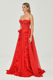 Strapless Ruffled Double Slit Chiffon Long Evening Dress Alfabeta
