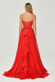 Strapless Ruffled Double Slit Chiffon Long Evening Dress Alfabeta