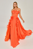 Strapless Ruffled Double Slit Chiffon Long Evening Dress Alfabeta