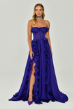 Strapless Ruffled Double Slit Chiffon Long Evening Dress Alfabeta