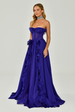 Strapless Ruffled Double Slit Chiffon Long Evening Dress Alfabeta