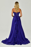 Strapless Ruffled Double Slit Chiffon Long Evening Dress Alfabeta