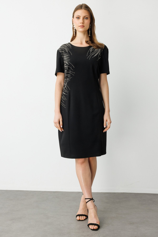 Stone Embellished Short-Sleeved Dress Ekol