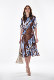Patterned Satin Dress with Tie Sleeves, Bodice and Midi Skirt - Explosion