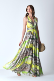 Patterned Satin Maxi Dress with Gold Stone Embellished Waistband (Explosion)