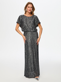 Boat Neck Short Sleeve Sequin Long Evening Dress by Faik Sönmez