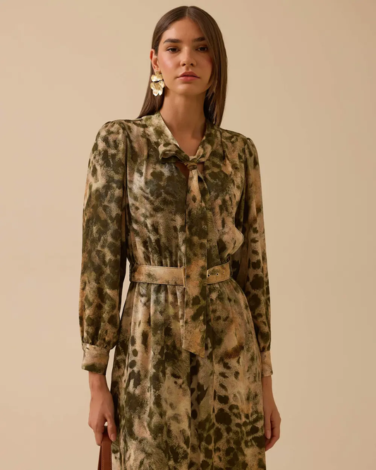 Seçil's scarf-collar patterned dress with belt detail