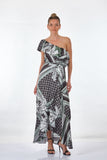 Ysatis Tek Omuz Midi Desenli Saten Elbise - Bohemian Stil