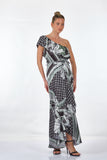 Ysatis Tek Omuz Midi Desenli Saten Elbise - Bohemian Stil