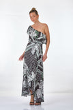 Ysatis Tek Omuz Midi Desenli Saten Elbise - Bohemian Stil