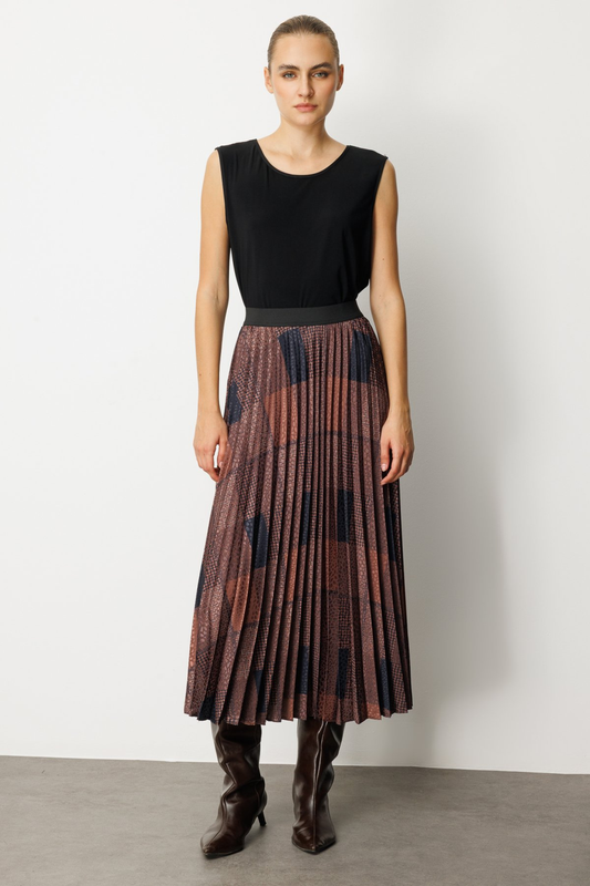 Ekol Patterned Pleated Skirt, Coffee