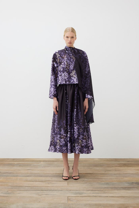 Hyacinth Pattern Twill Shawl Detail Skirt Set Tailor Shop