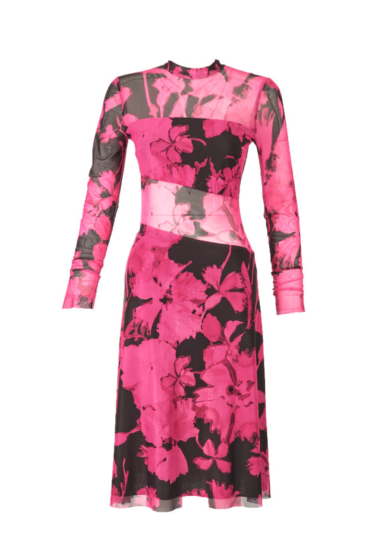 Explosion Uzun Kol Midi Şeffaf Elbise - Çiçek Desenli - Bohemian Stil