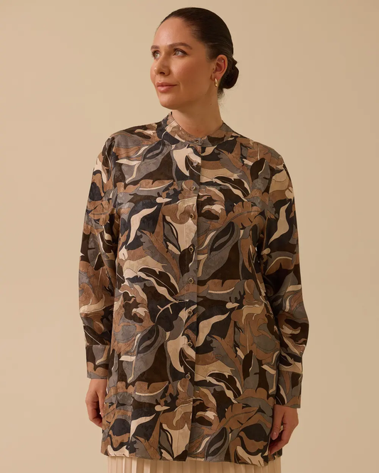 Plus Size Patterned Mandarin Collar Jacquard Shirt Gala-Xi