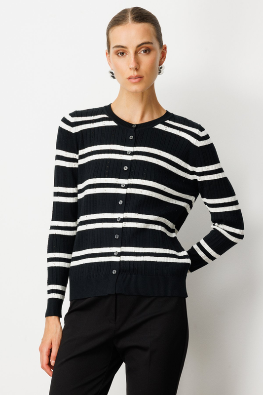 On Çizgili Düğme Kapamalı Triko Hırka