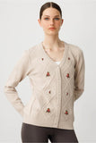 Women's V-Neck Cardigan with Diamond Pattern Embroidery on the Front