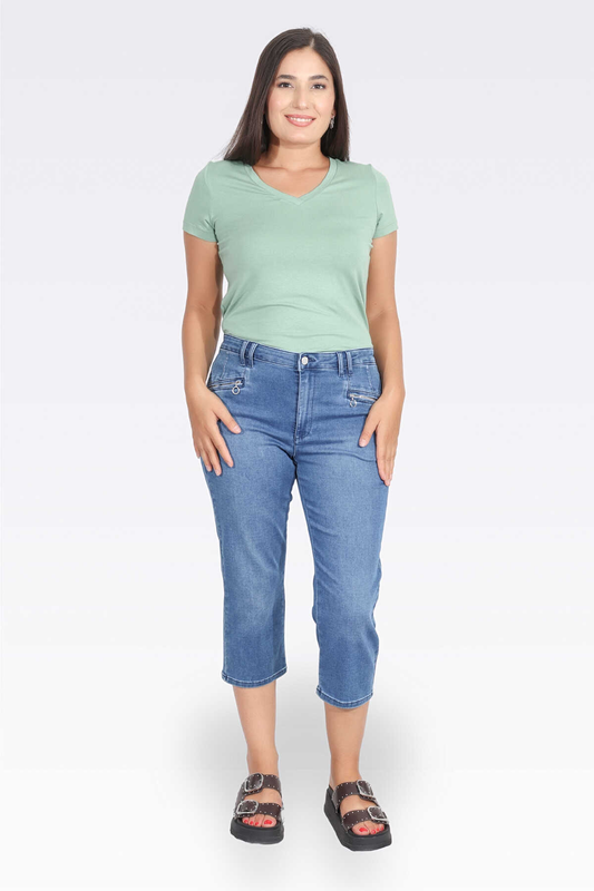 Zipper Detail Denim Capri Pants by Tolga Saraçoğlu