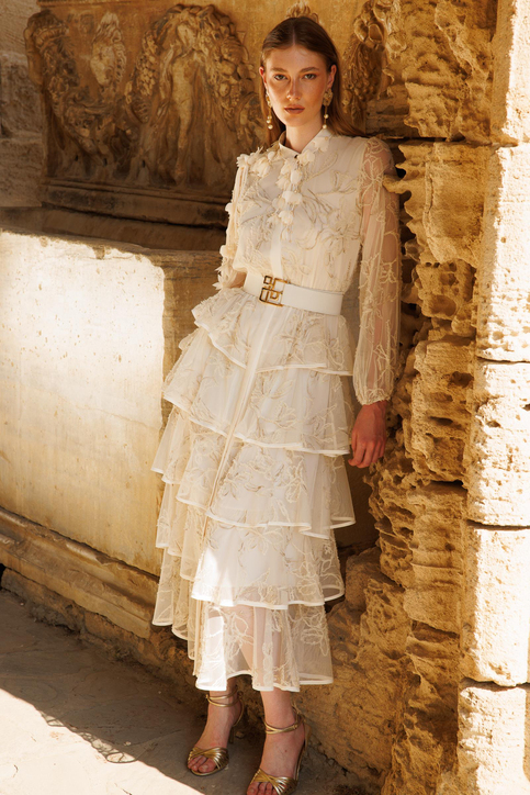 Nefeli Midi Katlı Şifon Elbise - Uzun Kol - Bohemian Stil