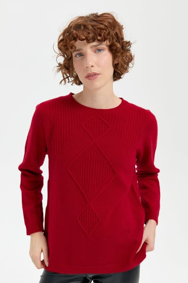 Women's Crew Neck Seamless Front Selanik Diamond Stitch Wool Sweater Pattern