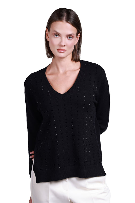 Sempre Minimalist V-Neck Women's Sweater with Stone Details - Long Sleeves