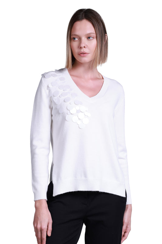 Sempre Women's Minimalist V-Neck Long-Sleeve Sweater - Stylish Sequin Detail