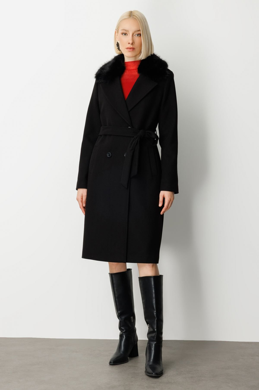 Ekol Fur-Trimmed Collar Belted Coat