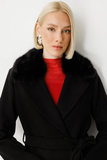 Ekol Fur-Trimmed Collar Belted Coat