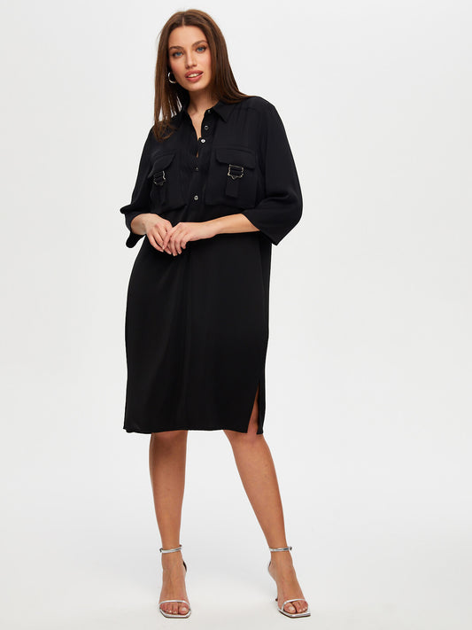 3/4 Sleeve Woven Dress with Metal Buckle Detail by Faik Sönmez 25YUS25ELB006