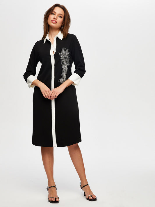 Embroidered Detail Color Block Long Sleeve Knitted Dress by Faik Sönmez