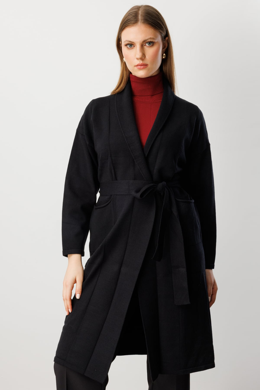 On Beli Kuşaklı Şal Yaka Hırka 26KON60900