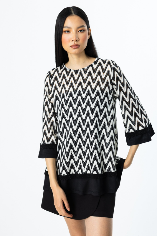On Kadın Midi Tunik - Üç Çeyrek Kol - Zigzag Desen - Günlük & Şık