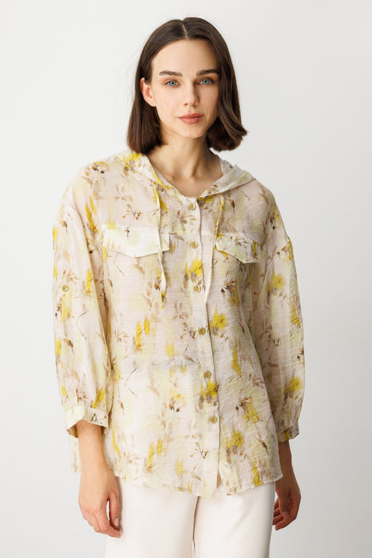 On Oversize Kapüşonlu Çiçekli Kadın Gömlek - Minimalist Stil - 3/4 Kol