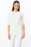 Button-front, short-sleeved knitted blouse.