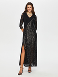 Knitted Fabric Trimmed 3/4 Sleeve V-Neck Sequined Long Evening Dress by Faik Sönmez