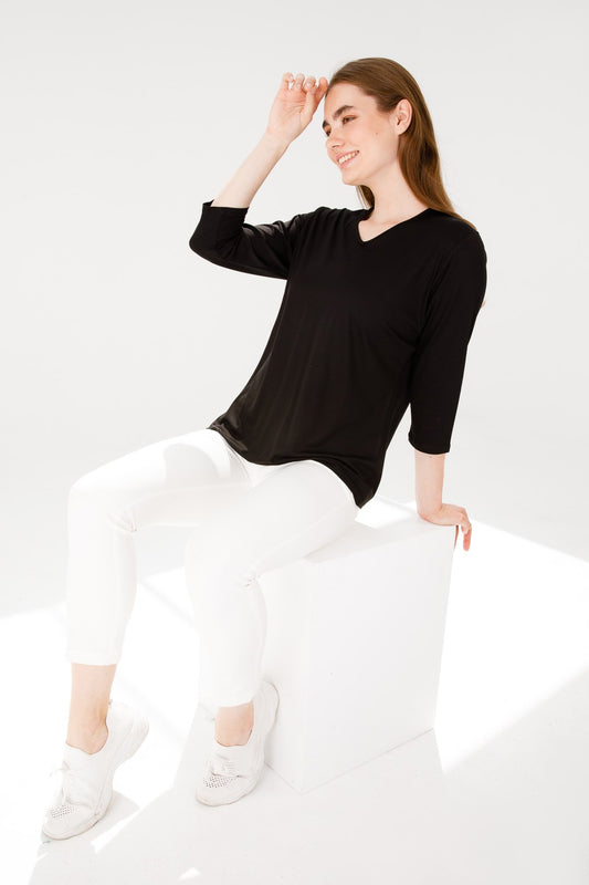 Desen Oversize V Yaka 3/4 Kol Kadın Bluz - Minimalist Tarz