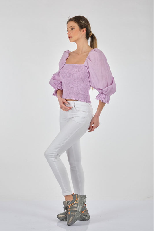 Perspective Kare Yaka Balon Kol Crop Bluz - Minimalist Stil
