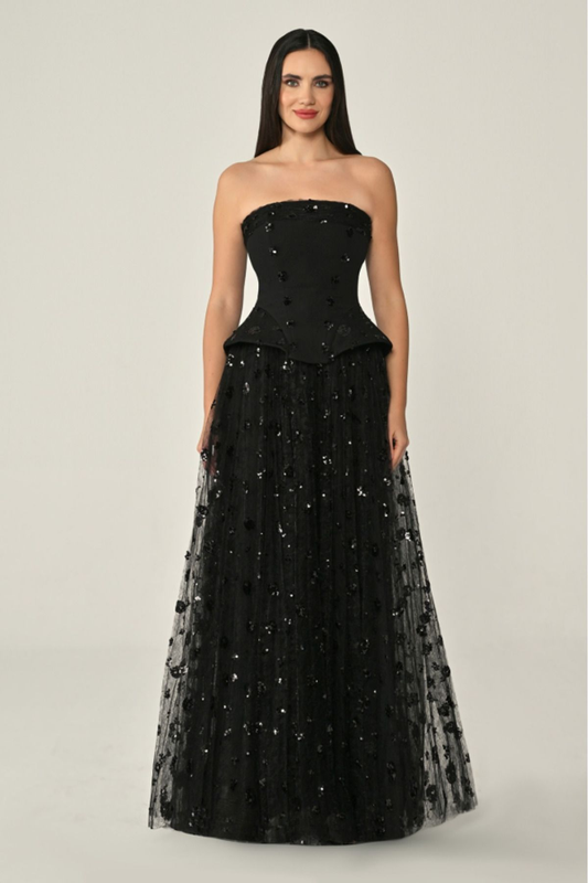 Strapless Sequined Tulle Long Evening Dress Alfa Beta