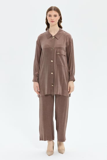 Müsemma Oversize Gömlek Yaka Midi Kadın Takım - Günlük Şıklık