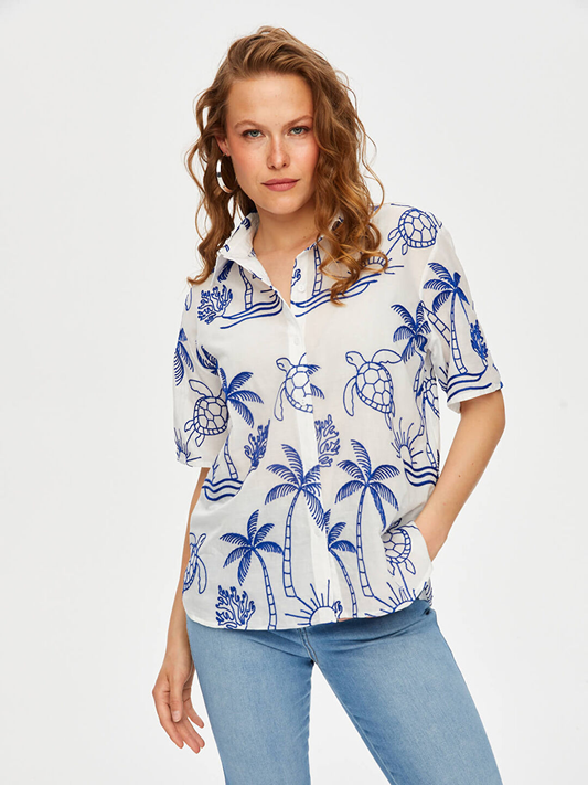 Tropik Brode Nakışlı Kısa Kol Pamuk Vual Gömlek Faik Sönmez