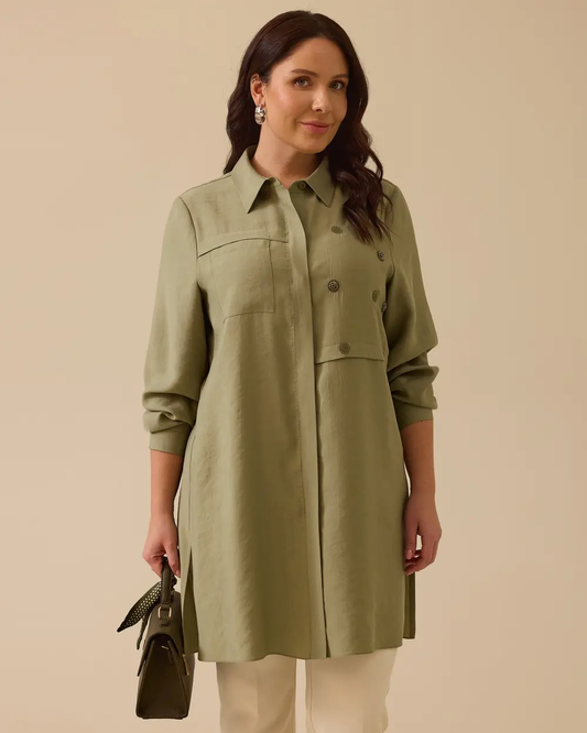 Gala-xi Minimalist Long Sleeve Midi Tunic - Shirt Collar Casual