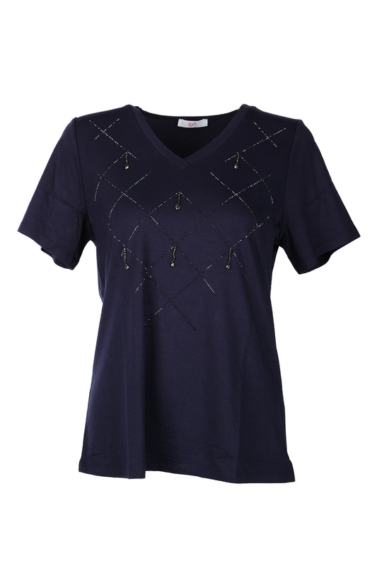 Vedi-bb Minimalist V Yaka Taş Detaylı Kadın T-Shirt - Kısa Kol