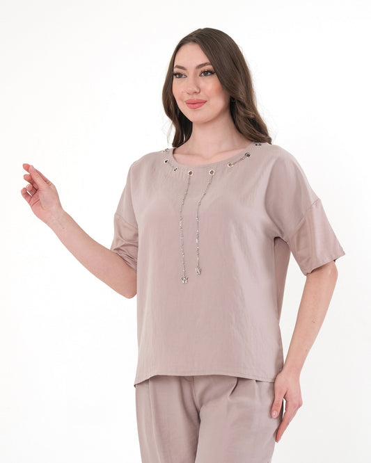 Vedi Oversize Minimalist Kısa Kol Kadın Bluz - Günlük Kombinler İçin