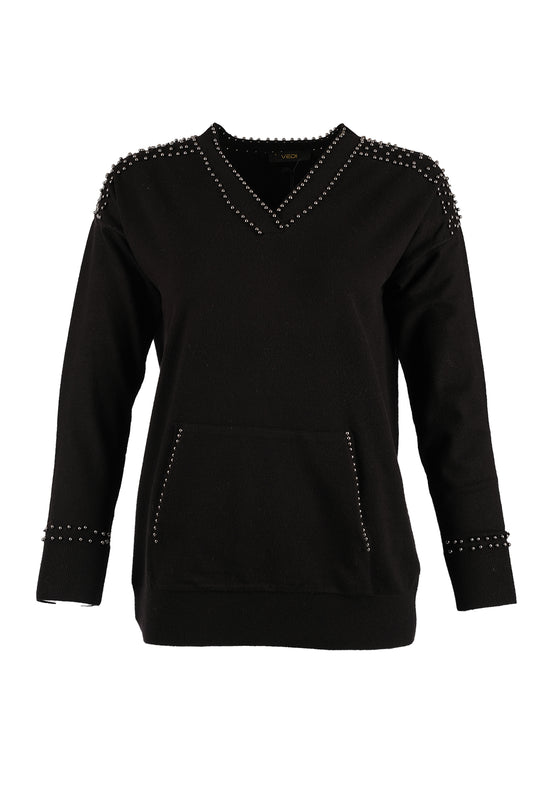 Vedi V Yaka Oversize Minimalist Kadın Kazak - Uzun Kol